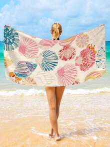 1pc Super Fine Fiber Ocean Element Printed Quick-Dry Absorbent Soft Beach Towel, Seashell Conch Starfish Pattern, Suitable For Beach, Outdoor Sports, Travel, Swimming Pool, Yoga, Fitness As Multipurpose Mat, Holiday Essential Gift (Single-Sided Printing), Beach Accessories, Pool Float - Yellow - View 6