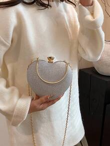 1件全新独特设计闪亮心形戒指手提包，带链条，时尚单肩/斜挎包，适合约会、休闲外出、情人节，个性化奢华晚宴手拿包 - 銀色 - 查看 9