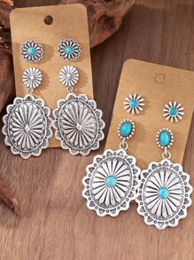 MONLOTTI 4 pièces/set Boucles d'oreilles pendantes rétro western, style cowboy avec motif géométrique et texture totémique, style bohème exagéré créatif, ensemble de bijoux pour femmes, cadeau de fête des mères