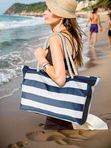 女士大号防水沙滩手提包，拉链封口，防水防沙设计，适合游泳池使用，图案随机，可作背包使用，便携大容量，适合青少年、女性、大学生、中小学生，户外、旅行、野餐、工作、商务、通勤、度假、购物等多种场合。 - 藏蓝色 - 查看 2