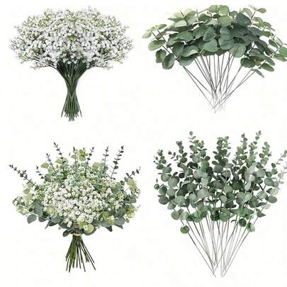 15/30/60 قطعة مختلطة من أزهار الجبس الاصطناعية وأوراق الأوكالبتوس، مناسبة لأواني الزفاف والباقات والترتيبات الزهرية والهدايا وحفلات الميلاد والتخرج