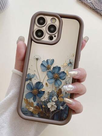 1pc Watercolor Floral Pattern Thick Protective Camera Hole Coffee Brown Phone Case Compatible With IPhone 11 Pro Max/12 Pro Max/13 Pro Max/14 Pro Max/15 Pro Max/16 Plus/16 Pro Max/16E, Galaxy A55/A15/S24 Ultra, S25 Ultra, Redmi, OPPO/Realme, VIVO, Infinix, Honor, One Plus Waterproof Shockproof Anti-Fall Scratch Resistant