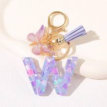 Geschenke für Thanksgiving, Weihnachten, Abschluss, Geburtstage und Feste - Niedliche Schlüsselanhänger mit Initialbuchstaben in lila, goldener Folien-Schlüsselanhänger-Charm mit Buchstaben und Schmetterling-Quaste, modischer Schlüsselanhänger als Geschenk für Frauen für Geldbörse, Tasche, Handtasche Dekoration