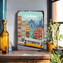 1PC Lisbon City Tin Sign, Vintage Lisbon Architecture And Tram Design, Premium Quality, Perfect For Home Decor And Travel Lovers, 8x12 Inches/ 20x30 Cm - 彩色 - 查看 1