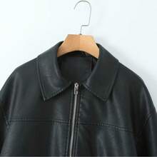 Women's Streetwear Retro Loose Short PU Faux Leather Jacket, Zipper, Pockets, Vintage Moto Biker Outwear, Spring/Autumn