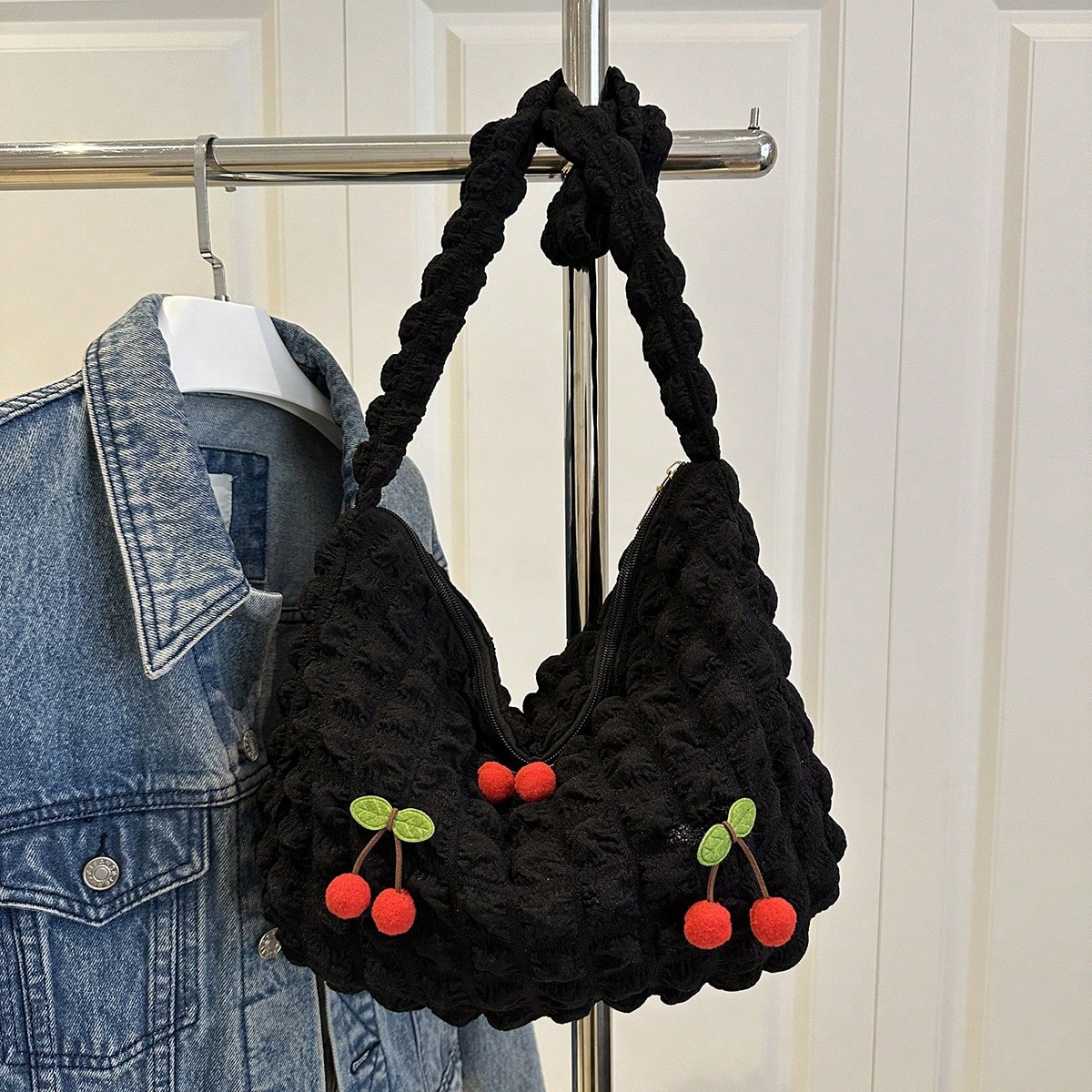 Bolso de hombro de gran capacidad con textura suave y estampado de cereza, bolso plisado casual para ir y venir, estilo coreano