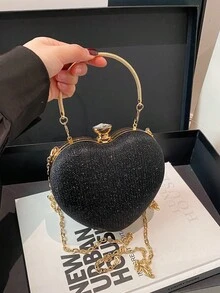 1 件全新独特闪亮心形戒指手提包，配链条肩带，时尚单肩/斜挎包，适合约会、休闲外出、情人节，个性化奢华手拿包，流行心形链条包，女士必备 - 黑色 - 查看 10