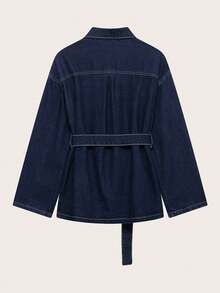 Retro Collar Denim Jacket With Belt, Suitable For Spring And Autumn
