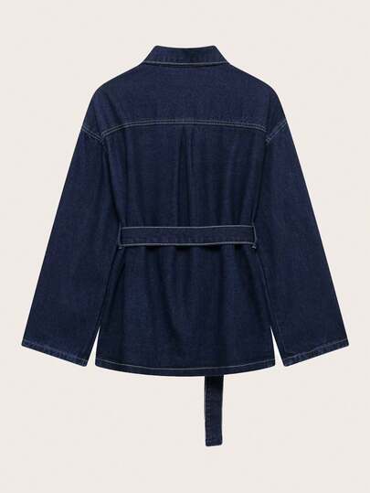 Retro Collar Denim Jacket With Belt, Suitable For Spring And Autumn Casual
