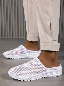 Women's Breathable Mesh Slip-On Mules Sneakers - Lightweight Flat Casual Shoes With Hexagonal Pattern, White Fabric Upper & MD Sole For Indoor/Outdoor Use