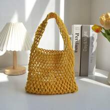 1 pieza Bolsa de malla de poliéster con base de punto de unicolor, ligera, espaciosa, diseño lindo y elegante, adecuada para mujeres, estudiantes, maestros como regalo, uso diario, viajes, todo el año - Amarillo - Ver 5