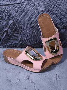 Dép đế xuồng mùa hè dành cho nữ, sandal đế dày khoét rỗng đính đinh tán, đế xuồng có thể điều chỉnh bằng khóa dán, gót đế xuồng thoải mái, thiết kế hở mũi, sandal thời trang màu trơn có các màu đen, trắng, xanh dương, tím, xanh navy, xám. - Hồng - Xem 7