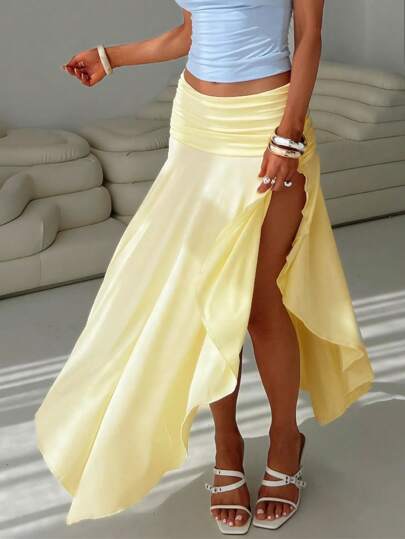 Falda media elegante con volantes y cintura alta, fluida, para el verano