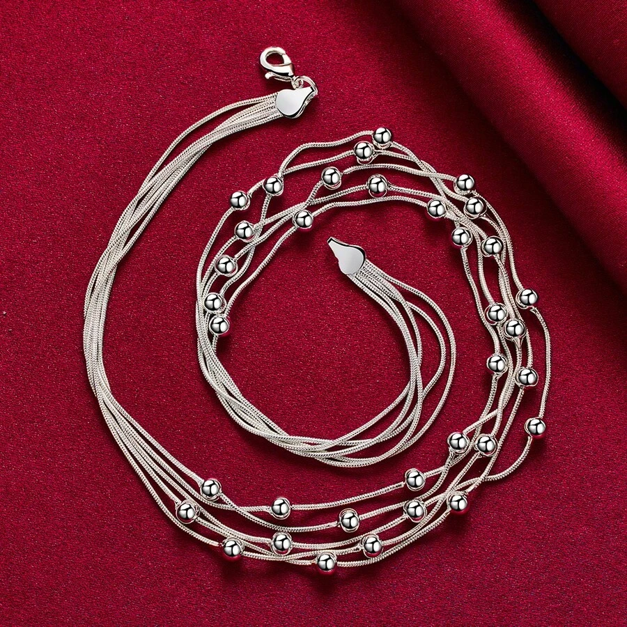 925 Silver Plated 5-Snake Chain Necklace With Smooth Beads - Round Bead Necklace - View 1