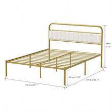 Metal Steel Platform Bed Frame With Upholstered Headboard Cushion (Queen Size) - Gold-974 - Multicolor - View 9