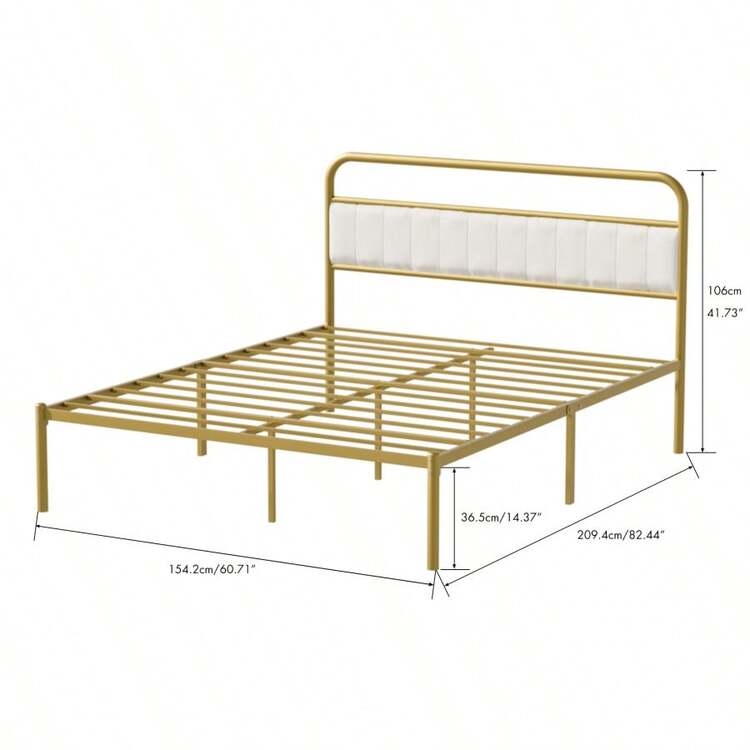Metal Steel Platform Bed Frame With Upholstered Headboard Cushion (Queen Size) - Gold-974 - 彩色 - 查看 9