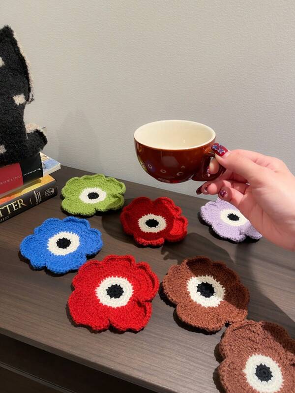 [Okidoki] Handmade DIY Mini Floral Yarn Coaster, Crochet Knitting Heatproof Mat, Natural Style Flower Coaster/Bowl Mat/Pot Holder, Creative Home Decor Gift, Multi-Color