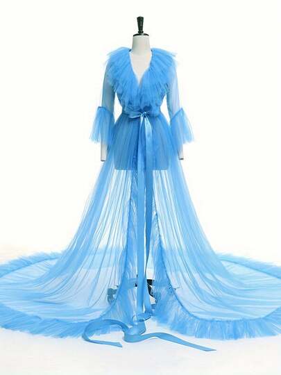 Women Summer Kimono Dress, Sheer Tulle V-Neck Long Flare Sleeves Floor-Length Night-Robe Lingerie, 4 Colors