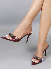 Sandales à talons hauts avec strass décoratifs et bout pointu pour femmes, talons hauts élégants et sexy pour soirée haut de gamme/mariage en rouge vin
