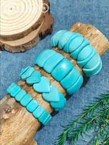 Nuevo brazalete elástico de turquesa para el verano, con estilo de vacaciones en la playa. En el caluroso verano, usar el brazalete de turquesa le dará una sensación refrescante en la piel. Úselo para salidas o reuniones diarias, haciéndolo destacar y ser el centro de atención. Agréguelo rápidamente a su armario de joyas. - azul - Ver 2