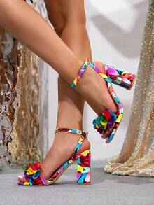 2 Inch Colorful Butterfly Decor Open Toe Chunky Heel Sandals, Stylish & Versatile Dress Shoes For Women, Summer 2025,Block Heels - Color - View 5