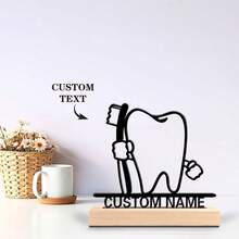 1pc Romantic Personalized Custom Text Tooth Metal Art With Wooden Base Tabletop Decoration Parisian Desk Art With Wooden Base, Zen Desk Decor With Wooden Base, Ideal For Meditation Spaces, Spa, Asian-Inspired Rooms Perfect For Travel Lovers, Office