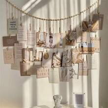 Bohemian Style Hanging Photo Display With Wooden Bead Wreath - Country Linen Wall Art For Dorm, Classroom And Bedroom | Natural Wood Frame Design, Attractive Room Decor, Perfect For Cherished Memories, Bohemian Home Decor - 彩色 - 查看 8
