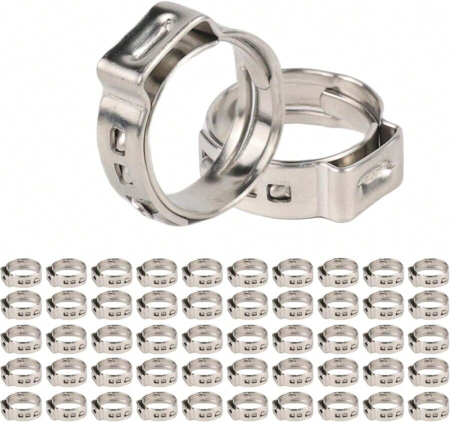 60 Pack 1/2 Inch Pex Cinch Clamp Rings, Stainless Steel PEX Crimp Ring, Single Ear Hose Clamps For PEX Tubing Pipe Fitting Connections - White - View 1