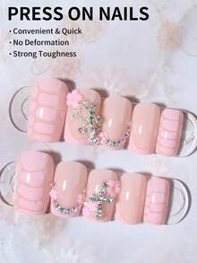 Bộ 24 miếng dán móng tay hình vuông ngắn 3D họa tiết hoa, sao và chữ thập, đính đá, móng giả acrylic, kèm 1 lọ gel và 1 dũa móng. Dễ dán, phù hợp cho móng tay mùa hè, kiểu móng Pháp, đi làm hàng ngày, dự tiệc và nhiều dịp khác. Dụng cụ làm móng - Nhiều màu - Xem 2