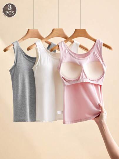 Conjunto de 3 peças de colete de ioga com costas nadador e bojo de suporte, gola redonda modal, regata esportiva casual anti-exposição para mulheres, treino