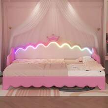 Twin Extending Daybed With LED Lights, Modern Upholstered Princess Daybed With Crown Headboard,Pink-1287 - Multicolor - View 3