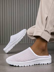 Women's Breathable Mesh Slip-On Mules Sneakers - Lightweight Flat Casual Shoes With Hexagonal Pattern, White Fabric Upper & MD Sole For Indoor/Outdoor Use