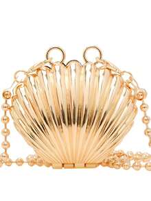 设计师珍珠链女士斜挎包金属外壳迷你单肩包钱包包 - 香檳色 - 查看 6