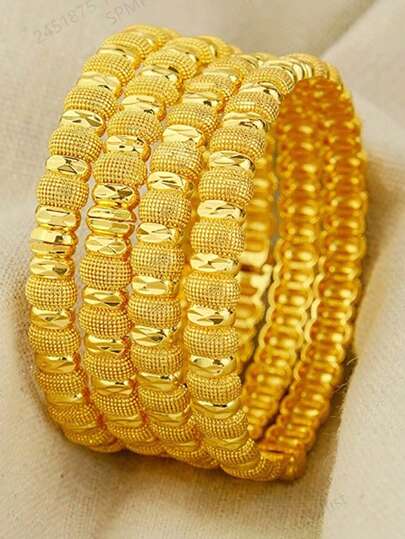 4 Pieces Of 24k Gold Bean Design Bracelets, Middle East Dubai Women'S Fashion Bracelets, Arab And African Wedding Gifts, Thank-You Teacher Gift