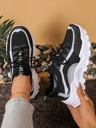 1 Pair Summer Sporty Women Shoes, Colorblock Striped Crisscross Knit Design, Breathable, Suitable For School, Work, Running, Gym, Hiking, Party, Casual Wear, Date, Fashion Versatile Flat Shoes