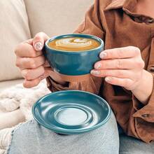 Mora Ceramic Latte Art Mug With Saucer - 10.5 Oz, Round Bottom Pours - Cafe Cups Cappuccino, Espresso, Coffee, Tea Etc - Porcelain Set Baristas, Great - Chai Latte - 藍色 - 查看 4