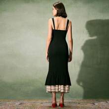 RIHOAS Women's Patchwork Contrast Binding Mermaid Dress, Elegant Lettuce Trim Bow Decor Long Dress For Party Holiday Wedding Guest, Ladies Clothes For All Seasons - 短的 - 查看 10