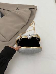 1件全新独特设计闪亮心形戒指手提包，带链条，时尚单肩/斜挎包，适合约会、休闲外出、情人节，个性化奢华晚宴手拿包 - 銀色 - 查看 6