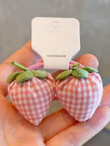 2 件儿童可爱草莓甜美发圈，小女孩格子草莓高马尾辫和发髻配饰，无卡包装 - 彩色 - 查看 13