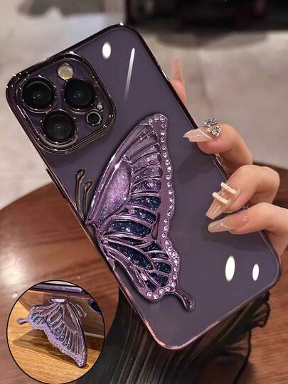 奢华电镀透明紫色手机壳，带蝴蝶亮片支架，闪亮水钻风格，硅胶防震软壳，兼容 16/16E/16 Pro/16 Pro Max/16 Plus/15/14/13/12/11/X/XS/XR/8/7，Galaxy S25/S24/S23/S22/S21/A55/A54/A53/A52/A35/A34/A23/A16/A15/A14/A13/A12/A05S/FE/Ultra/4G/5G，Redmi/Honor/MOTO/OPPO/Infinix等品牌，防水、防震、防刮。