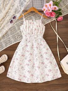 Vestido de tirantes finos con hombros al descubierto y estampado floral elegante para niñas, para primavera/verano