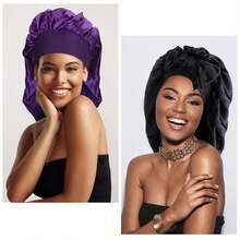 Arqumi 2 Pcs Satin Silk Bonnet Sleeping Women, Large Long Strap Tie Band Adjustable Sleep Night Cap Hair Bonnet Wrap Men, Black+Purple - Black+Leather Red - View 10