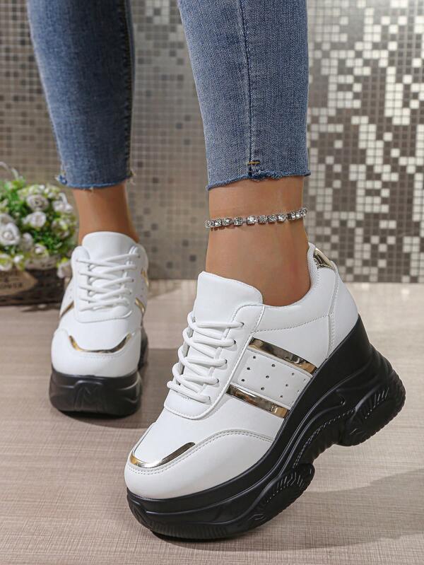 2025 Best-Selling Lace-Up High Heel Women's Shoes, Casual Colorblock Foil Trim Wedge Platform Sneakers For Outdoor, All Seasons