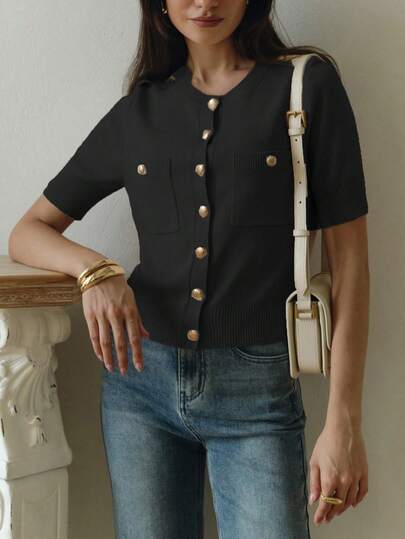 女士优雅针织短袖上衣，休闲通勤衬衫，纯色针织短袖开衫，复古街头风，春夏秋季