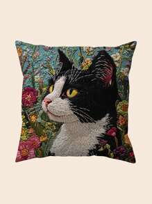 1pc Bohemian Style 2D Printed Cat Garden Throw Pillow Case, Double-Sided Printing, Machine Washable, Zipper Closure, Polyester Woven, 18"X18", Includes Insert (Pillow Insert Not Included)