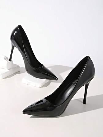 Fall/Winter 2025 Women's Black Patent Leather Pointed Toe Slip-On Sexy Party Clubwear 4-Inch High Heel Pumps,Elegant