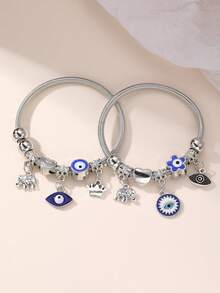 Set de 2 piezas de pulseras para niñas con cuentas con diseños de corazón, flor y ojo malvado - Multicolor - Ver 5