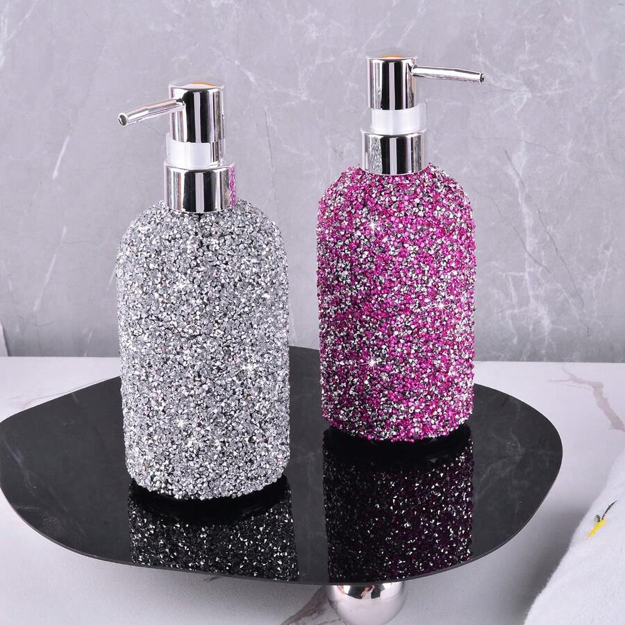 1 Peça Garrafa Dispensadora de Plástico com Bomba Decorada com Strass de 500ml para Gel de Banho, Shampoo, Loção, Garrafa Vazia Recarregável - Multicolorido - Visão 1