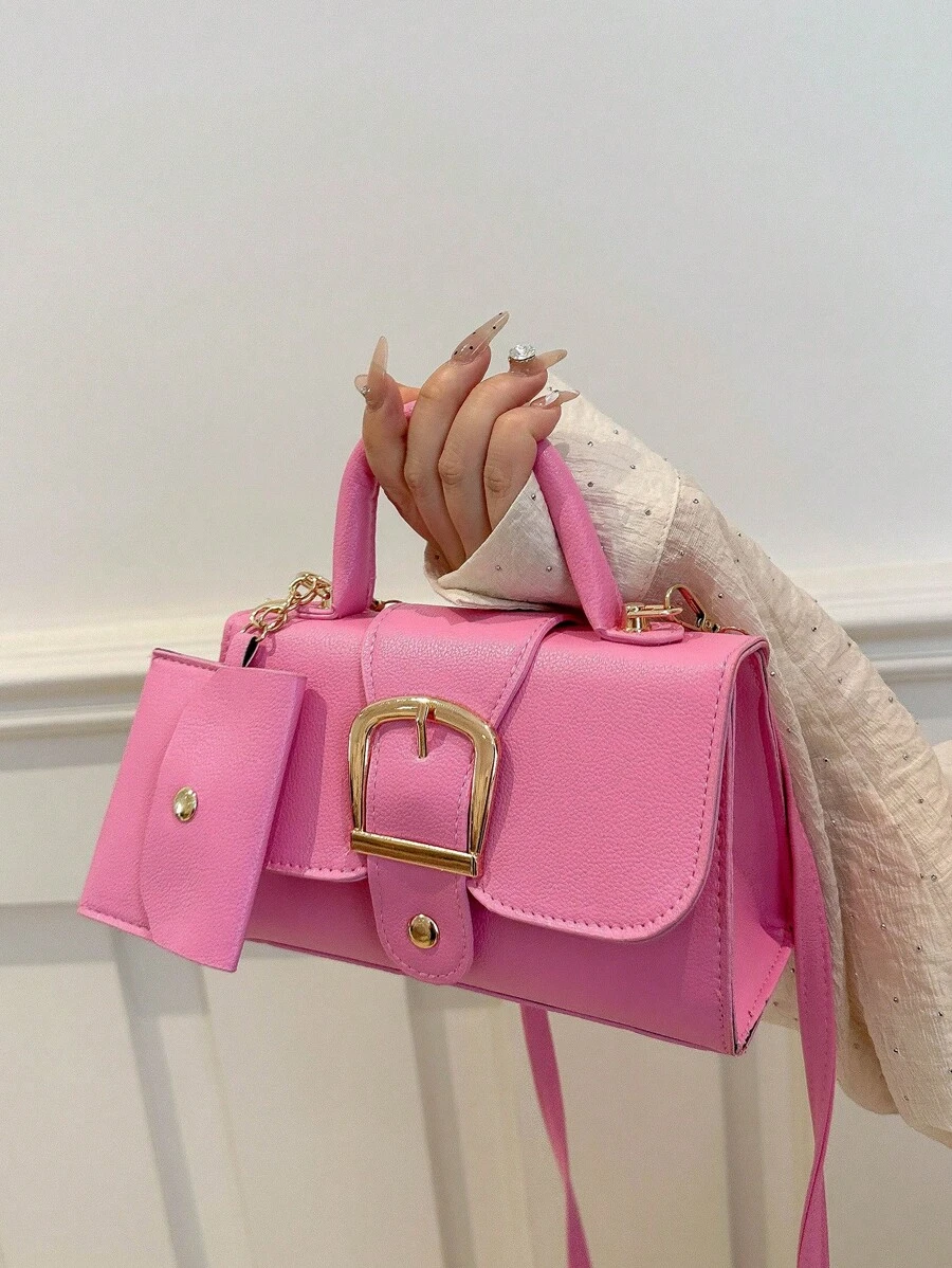 مجموعة من 2 حقيبة بمقبض علوي باللون الوردي، حقيبة كتف من جلد البولي يوريثان، حقيبة يد أنيقة للنساء مع محفظة نقود