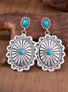 MONLOTTI 4 pièces/set Boucles d'oreilles pendantes rétro western, style cowboy avec motif géométrique et texture totémique, style bohème exagéré créatif, ensemble de bijoux pour femmes, cadeau de fête des mères